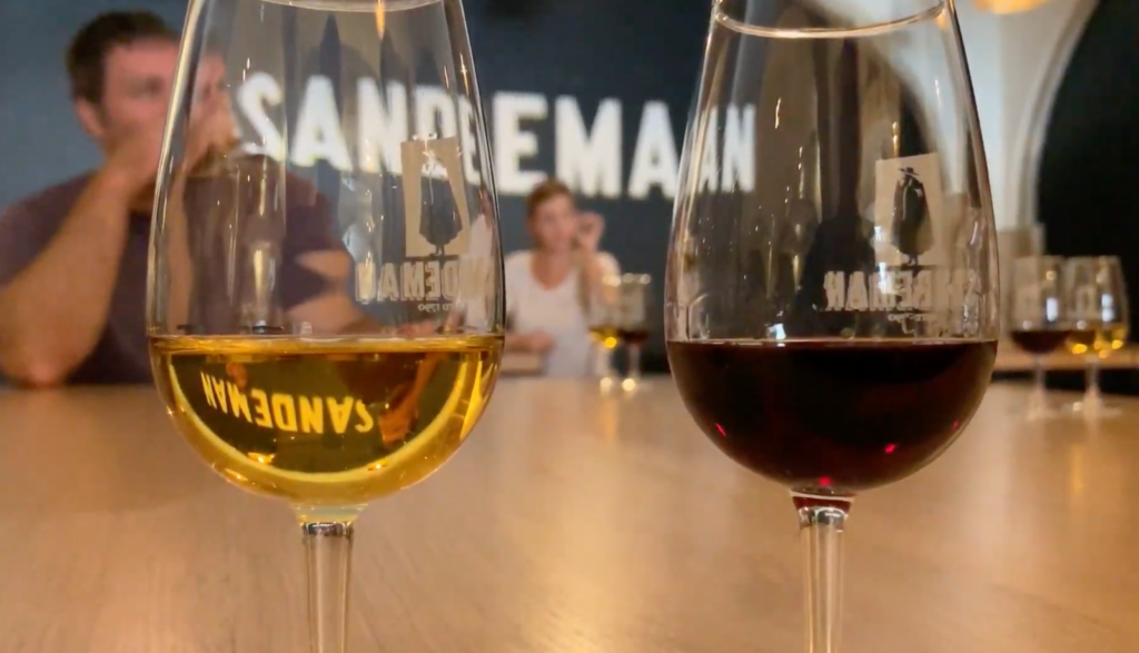Two glasses of port at a port house tasting in Porto